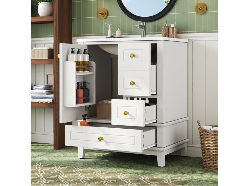  Meuble sous vasque avec 3 tiroirs, 1 porte à fermeture douce et vasque en céramique pour salle de bain, 61×47×86 cm, blanc  - Conforama B