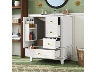 Meuble sous vasque avec 3 tiroirs, 1 porte à fermeture douce et vasque en céramique pour salle de bain, 61×47×86 cm, blanc