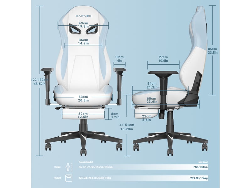  Chaise gaming ergonomique 60 x 53 x 132 cm – blanc et bleu – dossier inclinable et repose-pieds  - Conforama C