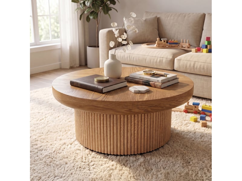  Table basse ronde ulevr à plateau parquet épais 8 cm, ø 78 x h 38,5 cm, base cylindrique cannelée, bois naturel  - Conforama B