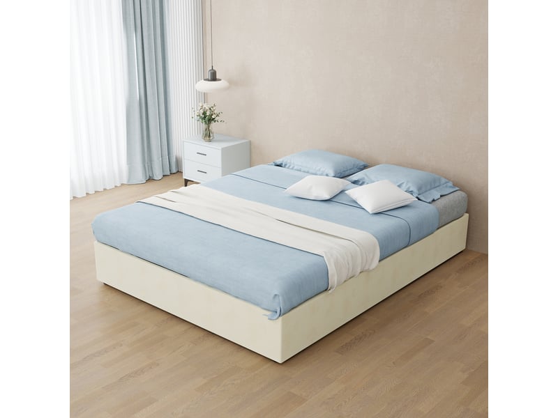 Cadre de lit, lit double 140x200 cm, rangement hydraulique, velours beige, sans matelas - Conforama C