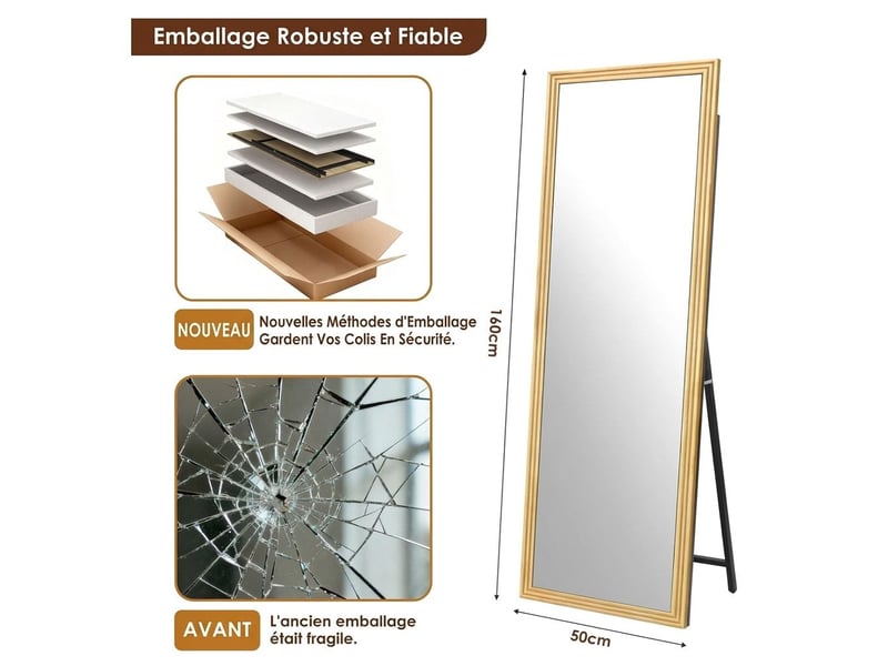 Miroir sur pied rectangulaire pleine longueur 160 x 50 cm – grand miroir psyché autoportant avec cadre mouluré en bois massif et verre hd anti-déformation pour chambre, dressing et salon – bois naturel  - Conforama C