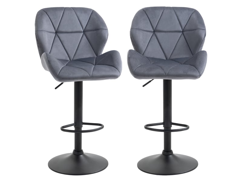  Ensemble 2 tabourets bar pivotants réglables, métal, velours, dossier, repose-pieds, 51,5x57,5x93-114,5 cm, gris.  - Conforama B