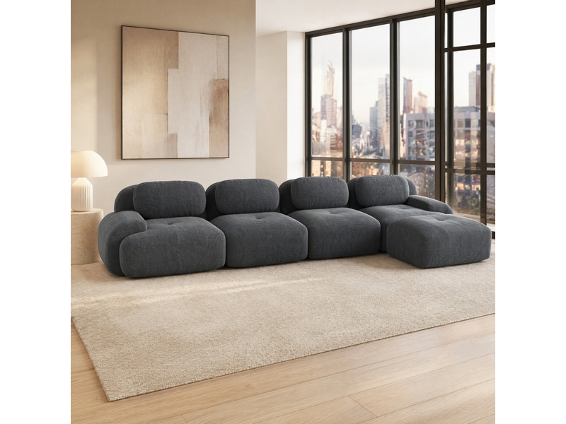  Canapé d'angle ulevr 4 places modulable avec chaise longue, sans montage, velours côtelé gris, 388 x 178 x 70 cm  - Conforama B