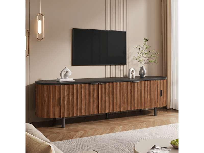 Meuble tv noyer 170 cm mdf 5 portes avec façade rainurée et bords arrondis - Conforama B
