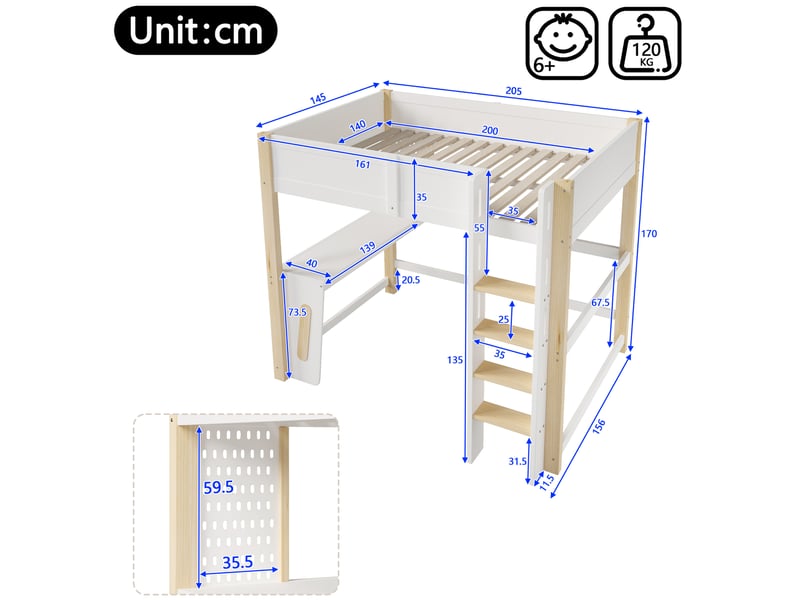  Lit mezzanine 140x200 cm avec bureau et led blanc et naturel  - Conforama C
