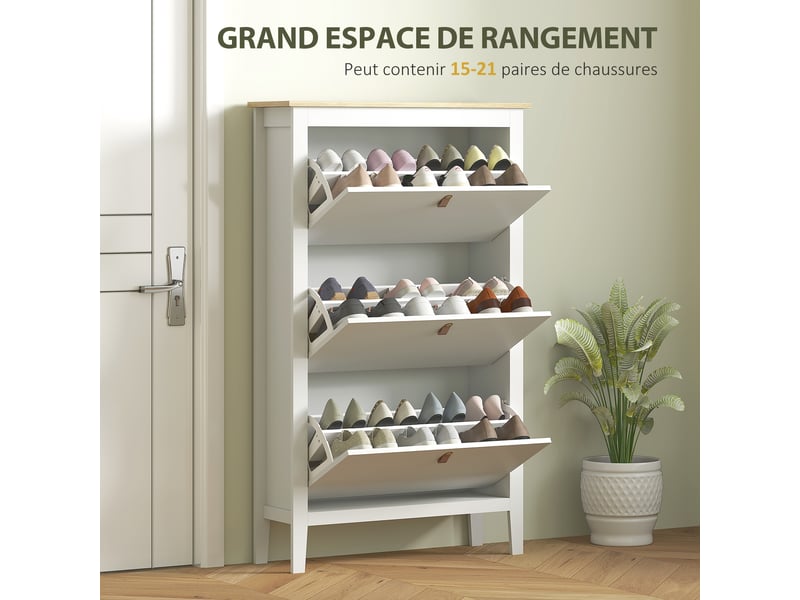  Meuble à chaussures 21 paires, armoire à chaussures avec 3 tiroirs rabattables, étagères amovibles et réglables, blanc  - Conforama E