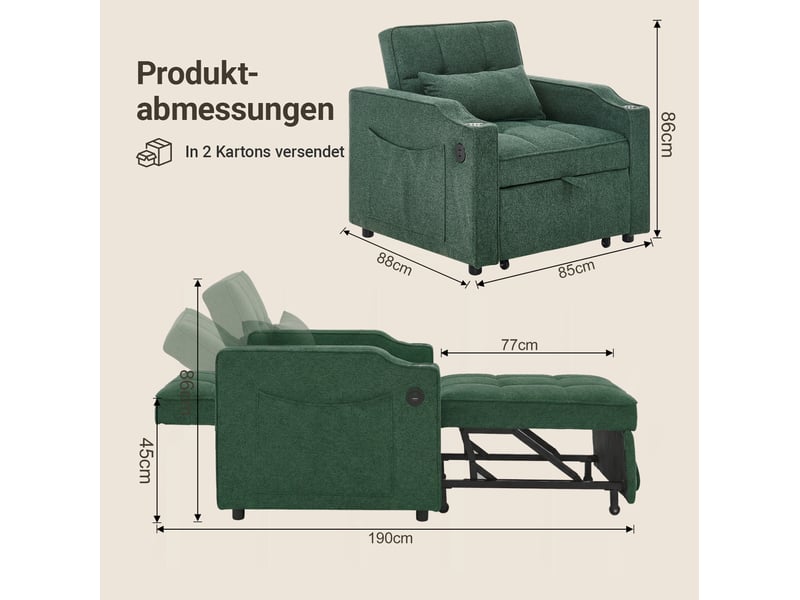 Fauteuil convertible 3-en-1 avec usb et usb-c, dossier 3 positions, porte-gobelet en inox et poches latérales en tissu vert - Conforama C