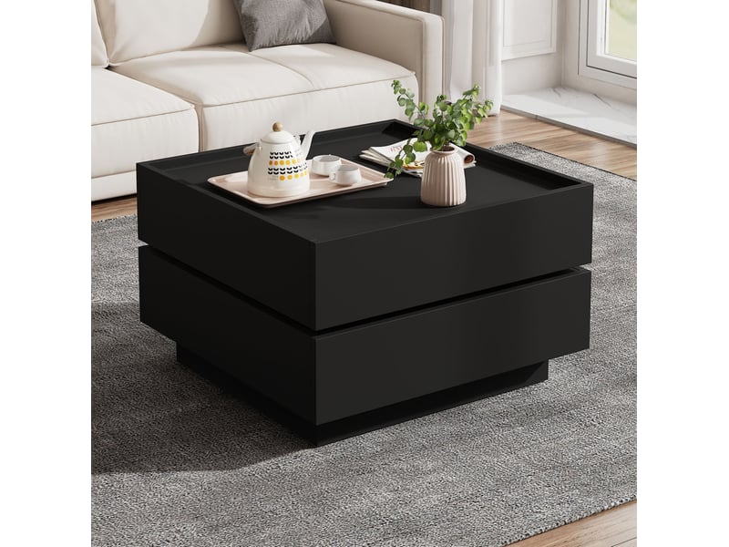  Table basse carrée 60x60x38 cm noire pivotante à 360° avec 2 tiroirs  - Conforama E