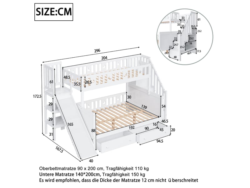  Modenvie lit superposé enfant 90x200140x200 cm - avec toboggan, rangements et sommier, sans matelas - blanc  - Conforama C