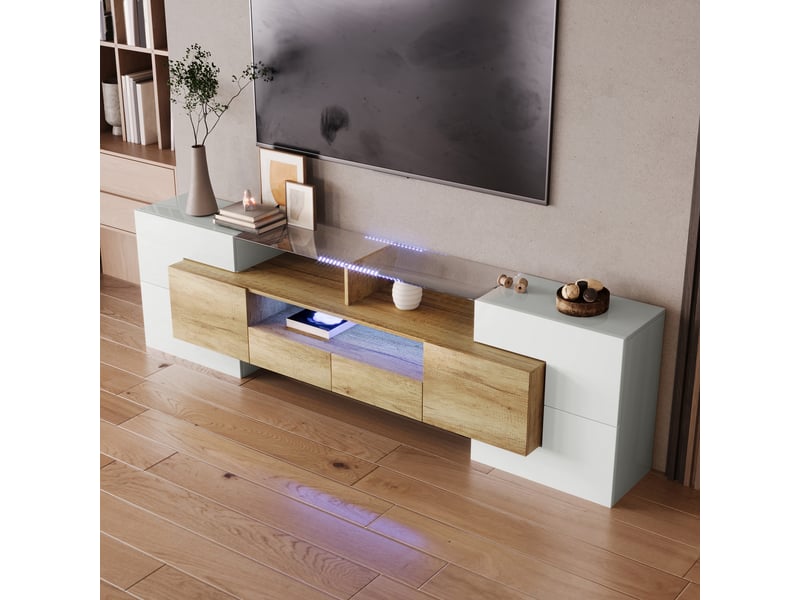  Meuble tv 200 cm - 6 portes et 2 tiroirs - éclairage led multicolore contrôlé par application - blanc brillant et bois naturel  - Conforama B