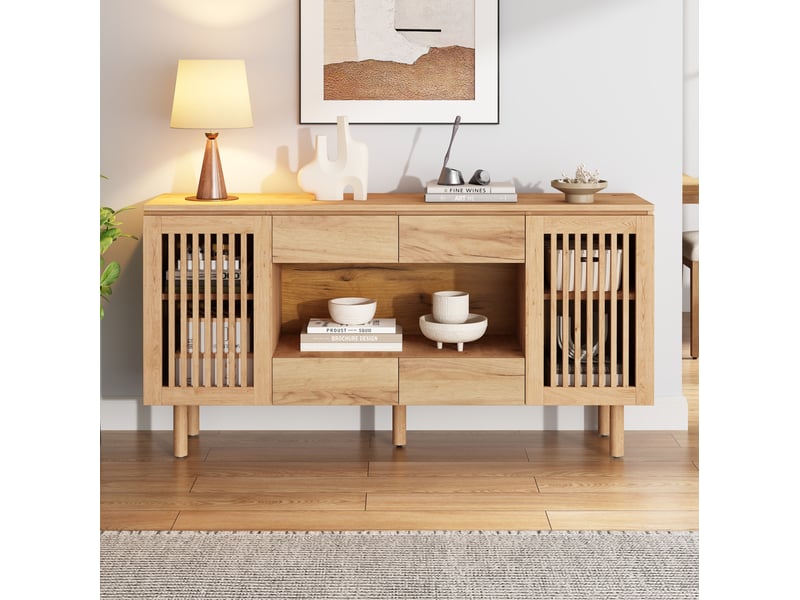  Buffet bas 140 x 35 x 71 cm en mdf avec 4 tiroirs et 2 portes à lamelles, teinte bois  - Conforama D