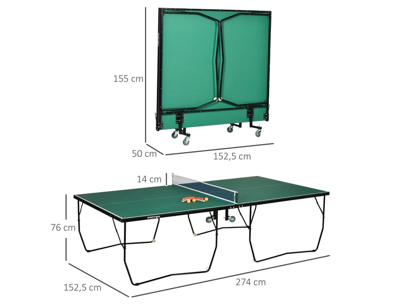 Table de tennis de table pliable verte 274 x 152,5 cm avec roulettes, filet, 2 raquettes et 3 balles incluses  - Conforama C