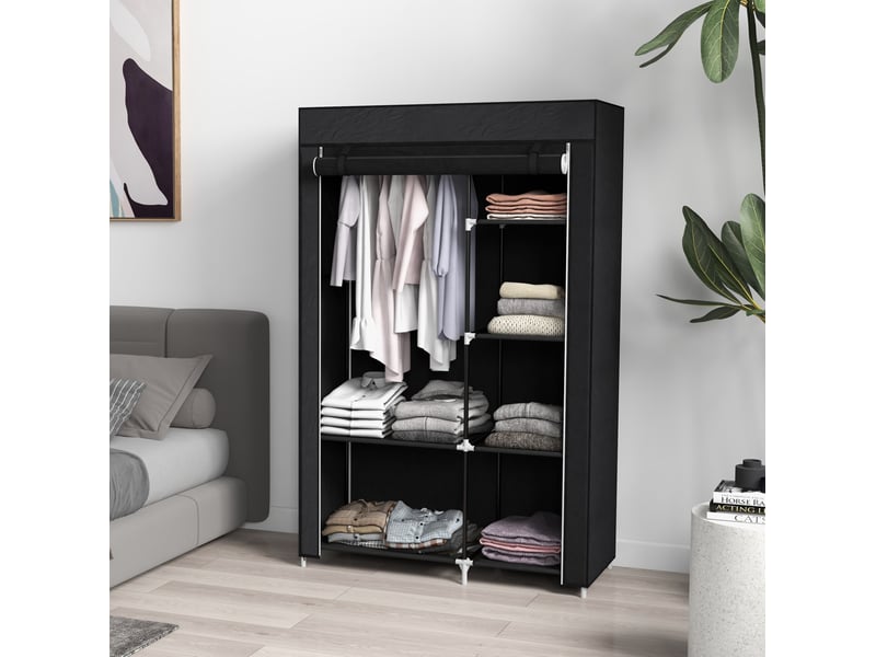  Armoire en tissu avec penderie, 6 étagères et fermeture zippée, en acier noir pour la chambre, 103 × 43 × 162,5 cm  - Conforama B