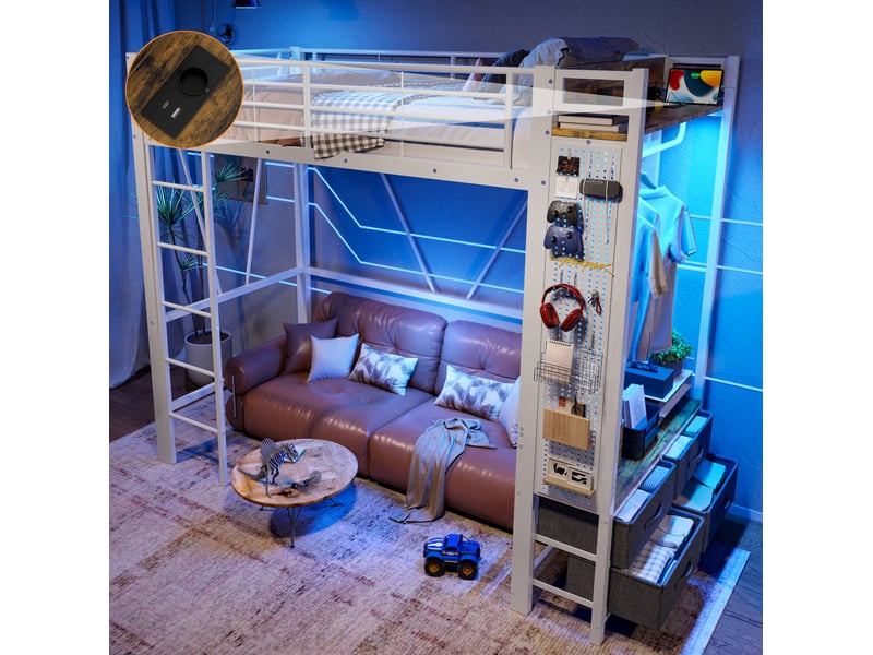  Lit mezzanine 90x200 cm, barre panneau perforé, lumières avec éclairage led multicolores, 4 tiroirs, prise usb et usb-c, métal mdf, blanc sans matelas  - Conforama D