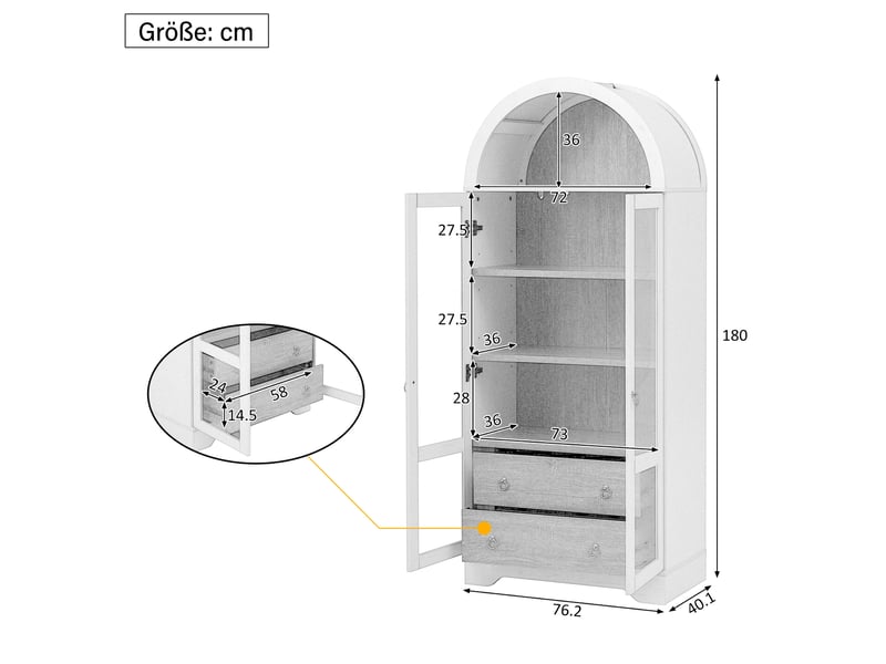  Buffet haut 2 portes en verre, 2 tiroirs, étagères réglables, blanc pour cuisine ou salon 76,2 × 40,1 × 180 cm  - Conforama C