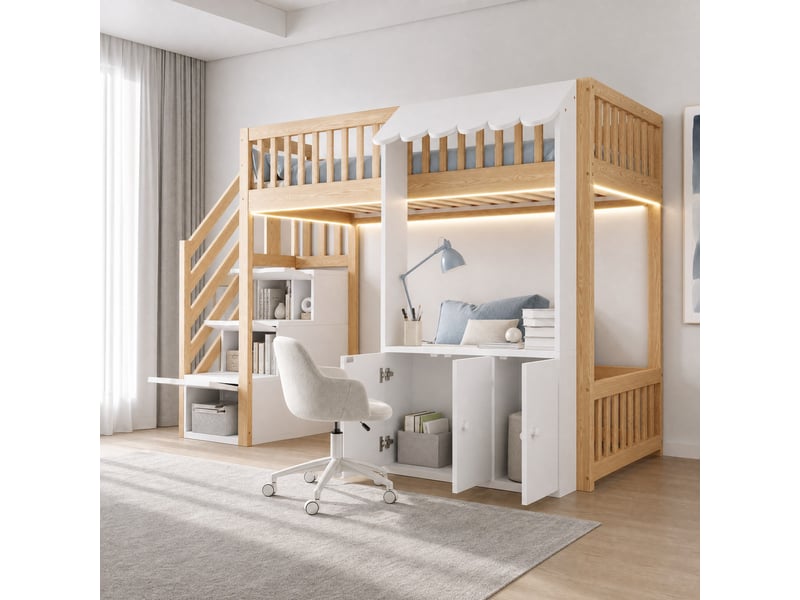  Lit mezzanine enfant 90x200 cm avec rangements, escalier et éclairage led multicolore  - Conforama B