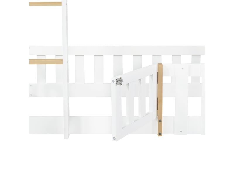  Lit mezzanine enfant 200×90 cm avec toboggan, espace sous le lit clôturé et toit, sans matelas, blanc et naturel  - Conforama E