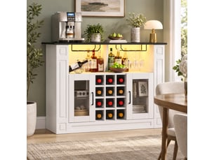Buffet de cuisine 120x35x84 cm blanc en mdf, led, casiers à bouteilles et supports pour verres
