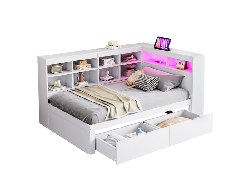 Lit coffre 90x200 cm avec rangements, led et usb, pin blanc, sans matelas - Conforama A