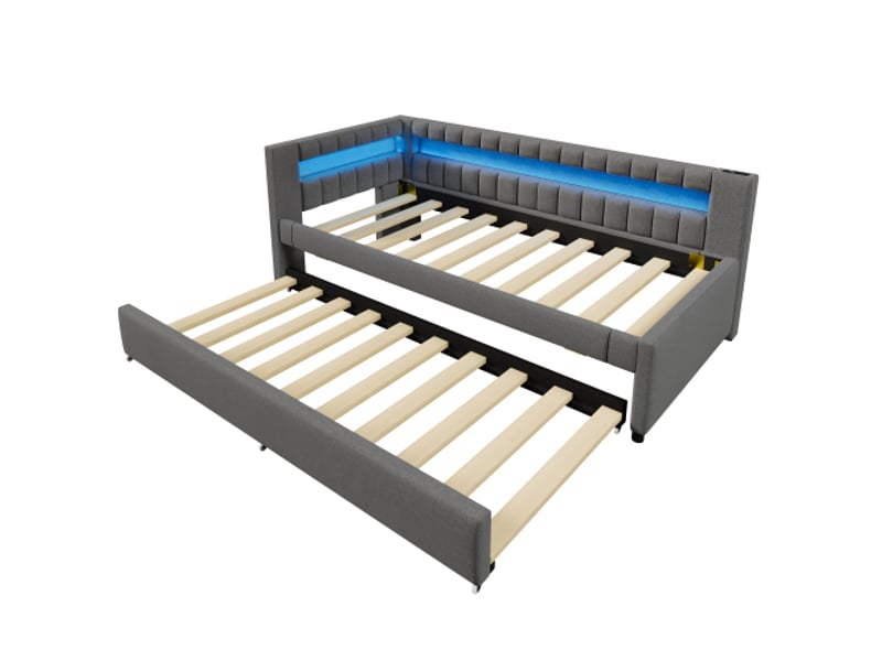  Canapé-lit 90x200 cm led télécommandée au pied du lit, lit gigogne sans matelas, lin gris, usb-c  - Conforama D