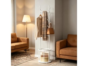 Porte-manteau arbre sur pied avec panier de rangement, design moderne