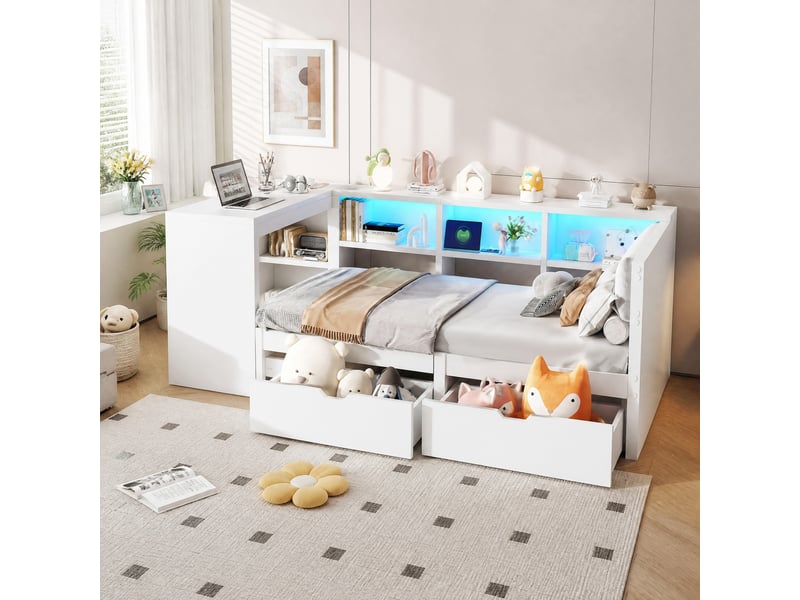  Lit avec tiroirs 1 place en bois avec 2 tiroirs, prises, usb et led 7 couleurs, 200 x 90 cm, sans matelas, blanc  - Conforama C