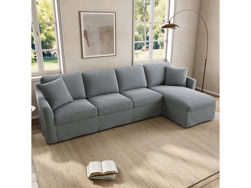  Canapé d'angle en l 4 places 274 cm gris en coton-lin, méridienne coffre et housses lavables Fay Lum - Conforama B