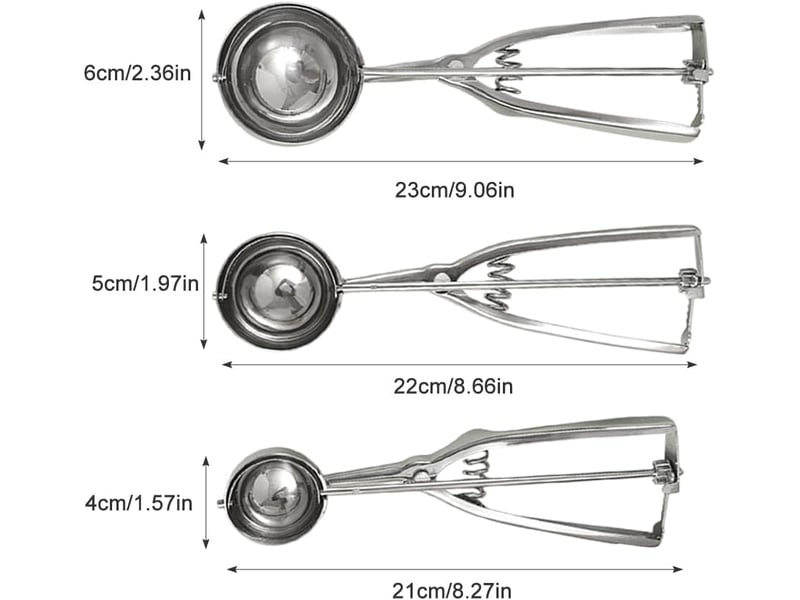  Lot de 3 cuillères à glace en acier inoxydable avec déclencheur - différentes tailles - pour glace, pâte à gâteau, melon, biscuits, fruits  - Conforama B