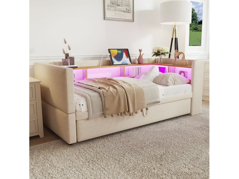 Lit gigogne enfant 90x190 cm, canapé-lit, rangement, prises, sommier, éclairage led, flanelle beige, sans matelas - Conforama D