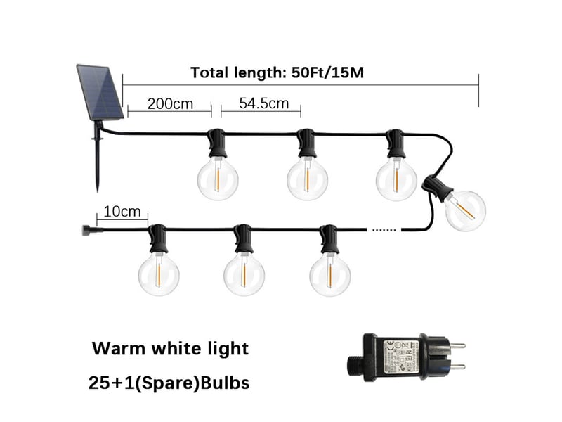  Guirlande lumineuse solaire extérieure 15 m, 25 ampoules g40 led, 8 modes, étanche, décoration de jardin et terrasse  - Conforama D