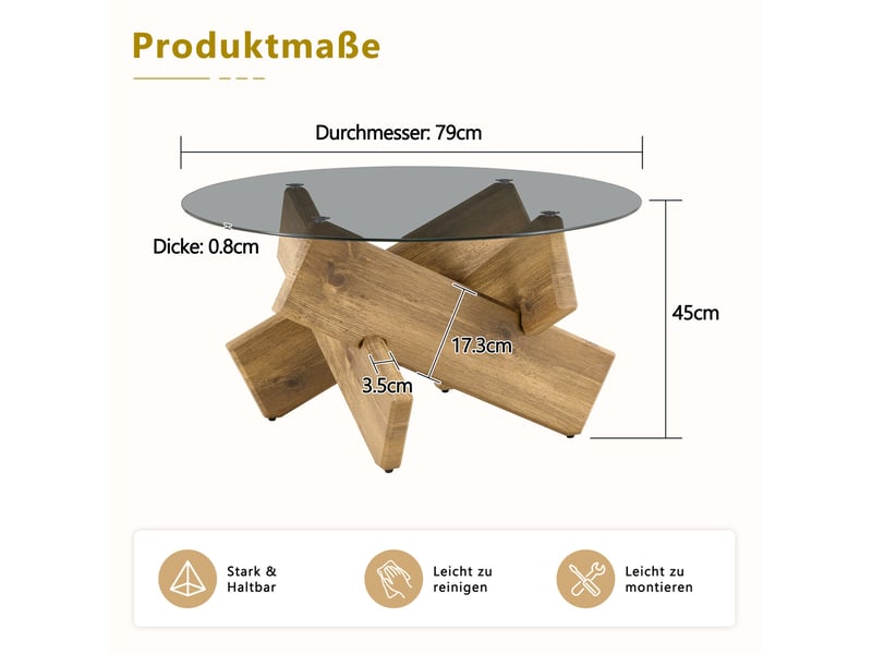  Table basse ronde avec plateau en verre trempé et piètement géométrique, style moderne, en mdf et verre, bois  - Conforama D