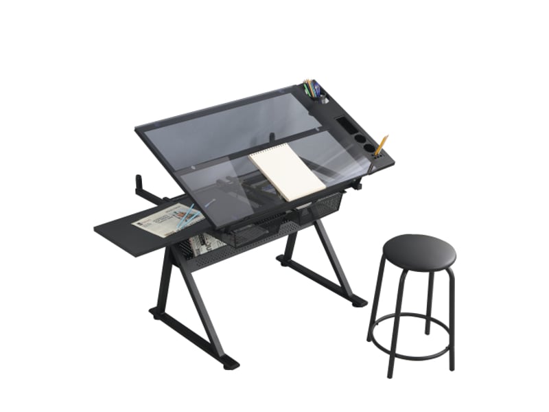  Table de dessinimpression en verre trempé réglable, noir, 98x60 cm, mdf + métal, design moderne, rangement pratique  - Conforama C