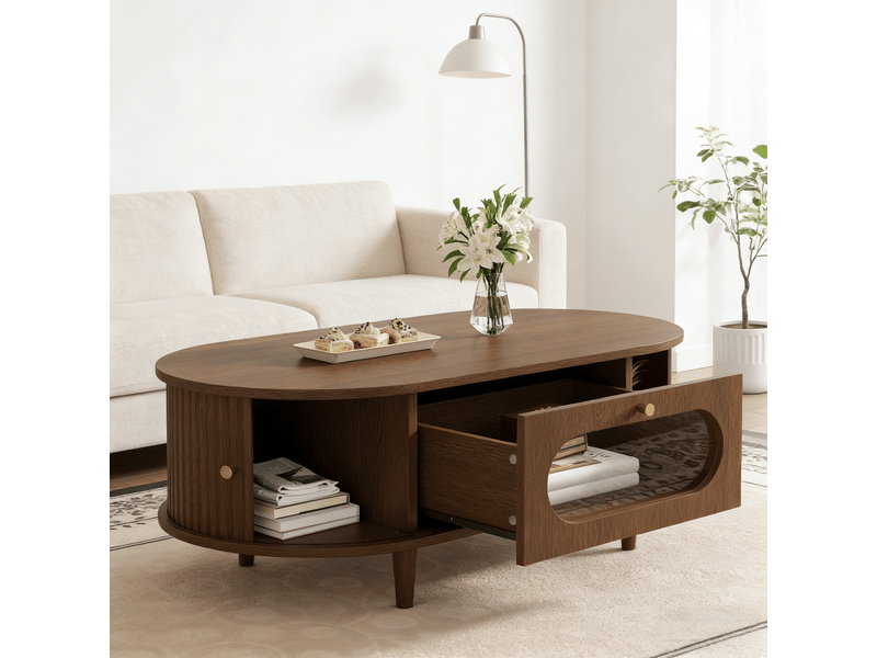  Table basse ovale de salon noyer, tiroir verre, portes tambour, rangement caché, mdf moderne 100x50x36cm PD-1 - Conforama E