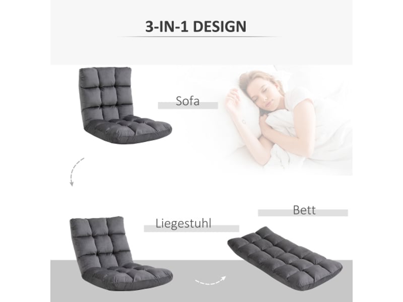  Fauteuil de sol 3-en-1 pliable gris, dossier 13 positions, coussin en mousse 55x71x53,5 cm  - Conforama B