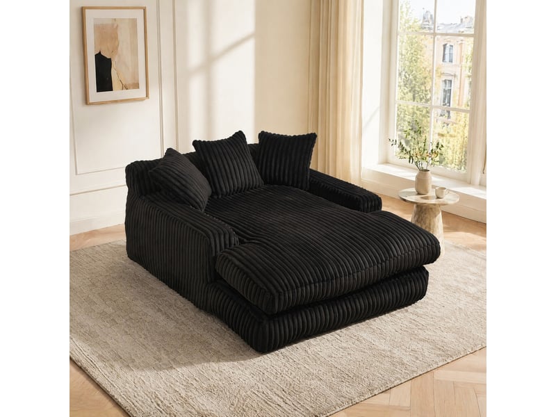  Canapé convertible 1 place en velours côtelé noir avec 3 coussins, format bas 125 × 155 cm pour se détendre  - Conforama B