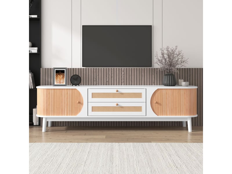  Meuble tv design campagne naturel avec portes, tiroirs et côtés en rotin meuble tv avec rangement  - Conforama B