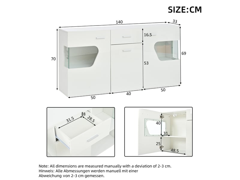  Buffet bas 140x33x70 cm, 3 portes, led intégrée, mdf blanc, design moderne, meuble de rangement pour salon et cuisine  - Conforama C