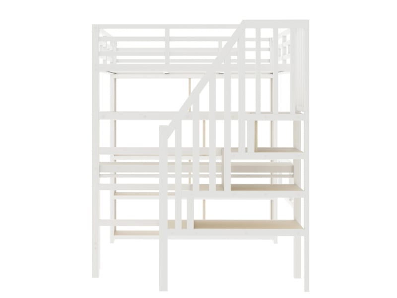  Lit mezzanine 140x200 - cadre acier blanc - bureau intégré, rangement, barre led, escalier de rangement - sans matelas  - Conforama D