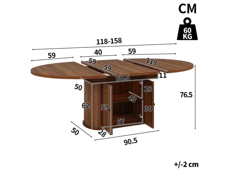 Table à manger extensible 118-158x118 cm pour 4 à 6 personnes, rangement intégré 2 portes, étagères réglables, pied central rainuré, brun foncé - Conforama D