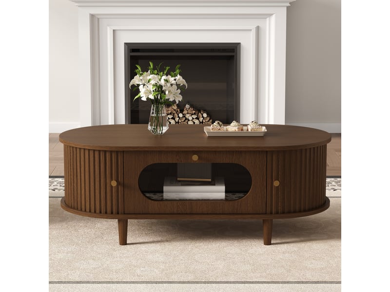 Table basse 100 x 50 x 36 cm couleur noyer mdf avec 1 tiroir et 2 portes à rideau 4 pieds evarich - Conforama E