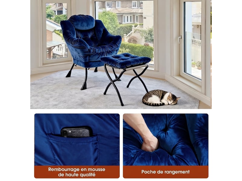  Fauteuil relax avec pouf, accoudoirs, poche latérale et repose-pieds, fauteuil lounge tv en tissu pour salon, chambre et bureau  - Conforama D