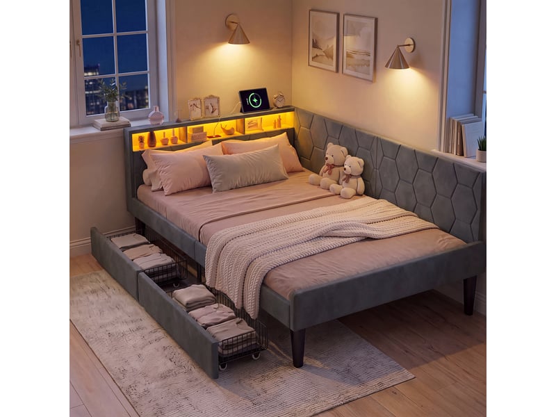  Lit banquette 140x200 cm avec led rgb et usb chargeur, canapé-lit rembourré avec rangement et tête de lit capitonnée lit ado avec tiroirs et cadre de lit à lattes gris velours, sans matelas  - Conforama B