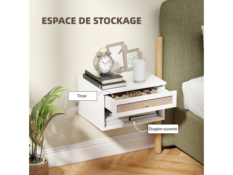  Lot de 2 tables de chevet murales 40 x 34 x 23 cm tiroir niche utile design contemporain en panneau de particules blanc 21_0001607  - Conforama E