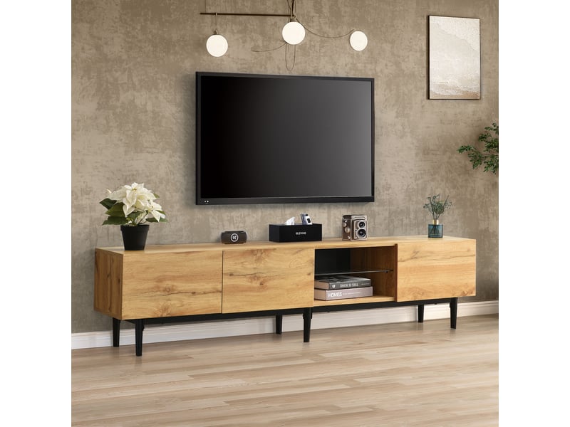 Meuble tv 175 cm – bois clair – led app – 3 portes push‑open - style campagne – bois naturel - buffet bas et table tv moderne - Conforama D