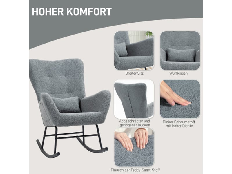  Fauteuil à bascule gris effet teddy avec accoudoirs, coussin lombaire, poche latérale et patins en bois  - Conforama D
