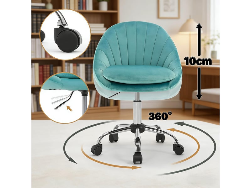 Chaise de bureau réglable en hauteur et pivotante à 360° avec dossier ergonomique, en velours turquoise  - Conforama C