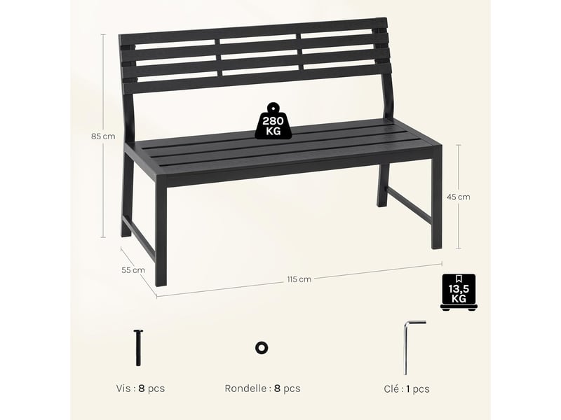 Banc de jardin, banquette extérieure pour 2 à 3 personnes, cadre en métal, 115x55x85 cm, noir - Conforama C