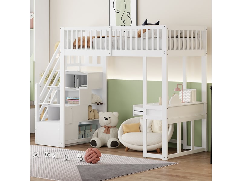  Lit surélevé 90x200 cm blanc pour enfant, bureau intégré, échelle avec rangement et cadre en pin massif  - Conforama E