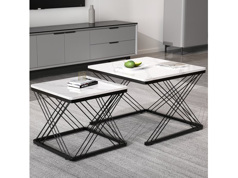  Table basse 2 pièces carrée 60x60x45+45x45x40cm effet marbre(matériau non marbré)pieds réglables mdf noir et blanc  - Conforama W